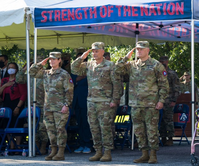 As the official party of the U.S. Army North change of command ceremony, Lt. Gen. Laura J. Richardson, left, the outgoing commander of U.S. Army North, Gen. Glen D. VanHerck, center, Commander, North American Aerospace Defense Command and United States Northern Command, and Lt. Gen. John R. Evans, Jr., right, U.S. Army North in-coming commanding general, render a salute during the playing of the National Anthem, at Joint Base San Antonio-Fort Sam Houston, Sept. 9, 2021. VanHerck, presided over the ceremony in which Richardson relinquished command to Evans, who previously served as the commanding general of the U.S. Cadet Command at Fort Knox, Kentucky. (U.S. Army photo by Sgt. David Cook)