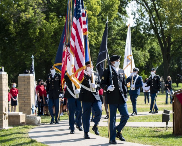 The Joint Color Guard presents the colors to remember the lives lost on Sept. 11, 2001, during a remembrance ceremony held at Rock Island Arsenal, Illinois, Sept.10.