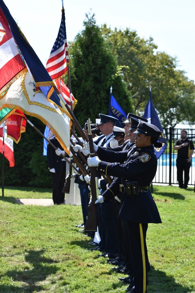 The New York City multi-service Color Guard presents the flags during the 9/11 Remembrance Ceremony on Fort Hamilton, N.Y. Sept. 10, 2021. The ceremony featured NY Fire Department firefighter Joseph Esposito, from Rescue 5 in Staten Island.