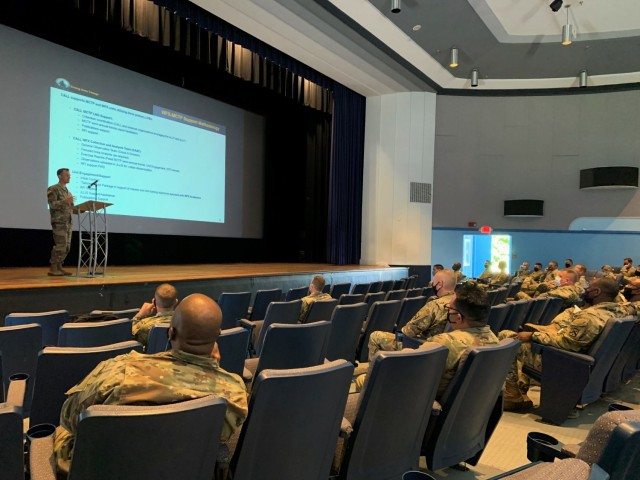 Maj. David Spangenberg talks to an audience about the Center for Army Lessons Learned (CALL) during a training academy for Observer Coach/Trainers at Fort Leavenworth, Kan., September 9, 2021. The academy facilitates OC/T’s certification beginning with in-person instruction and a doctrine test.