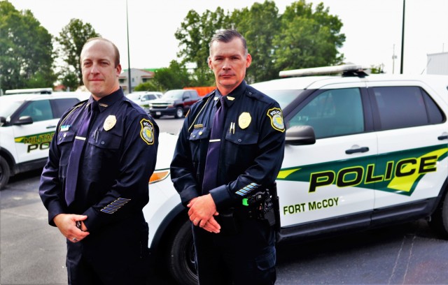 Police Chief Brian Bomstein and Deputy Police Chief Brian Lord, both with the Fort McCoy Directorate of Emergency Services Police Department, are shown Sept. 2, 2021, at Fort McCoy, Wis. Both were part of the installation’s immediate response to...