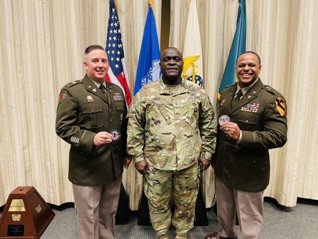 From Left to right, Chief Warrant officer 2 Nicholas Snyder 69 Air Defense Artillery Brigade, Chief Warrant Officer 5 Kenneth Hicks, the Army food advisor for the Sustainment Center of Excellence, and Chief Warrant officer 2 Lance Thomas, 3rd Armored Brigade Combat Team, 1st Cavalry Division, pose for a photo, at Fort Lee, VA, Sep. 1, 2021. Thomas earned honor graduate during the course. (Courtesy photo)