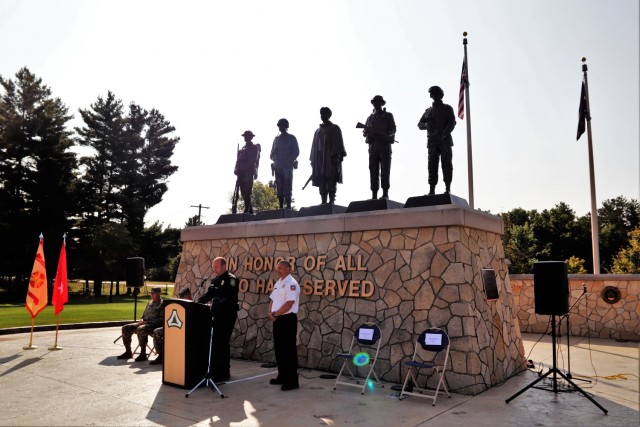 Members of the Fort McCoy community participate in a Patriot Day ceremony and a 20th anniversary remembrance of the Sept. 11, 2001, terrorist attacks on America on Sept. 10, 2021, at Veterans Memorial Plaza at the Commemorative Area at Fort McCoy,...