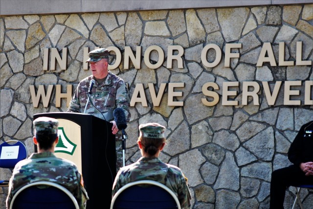 Fort McCoy Senior Commander, Maj. Gen. Darrell Guthrie, 88th Readiness Division commanding general, is shown providing some of his remarks Sept. 10, 2021, during the installation observance of Patriot Day 2021 and the 20th anniversary of the...