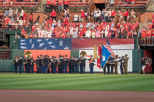 The 399th Army Band and a Fort Leonard Wood joint-service color guard participated in the pre-game ceremonies for the annual St. Louis Cardinals and AUSA Military Appreciation Game Saturday at Busch Stadium.