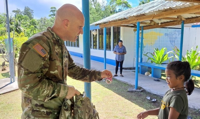 Chaplain (Maj.) David Leiter was invited by the Pacific Mission Aviation, to speak to a children's ministry at Angaur Elementary in Angaur-State, Palau on June 19. Chaplain (Maj.) Leiter delivered a message of courage and strength to the children and helped build trust through joint outreach to the community.