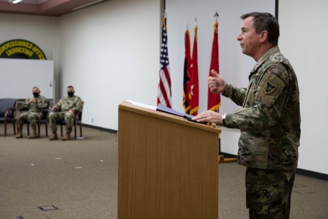 Brig. Gen. Robert E. Guidry, commanding general, 86th Training Division, speaks to his formation following an assumption of command ceremony, Sept. 11, at Fort McCoy, Wis. (U.S. Army Reserve photo by Sgt. 1st Class Debralee Best/86th Training...
