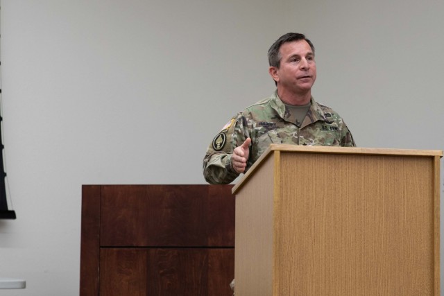 Brig. Gen. Robert E. Guidry, commanding general, 86th Training Division, speaks to his formation following an assumption of command ceremony, Sept. 11, at Fort McCoy, Wis. (U.S. Army Reserve photo by Sgt. 1st Class Debralee Best/86th Training...