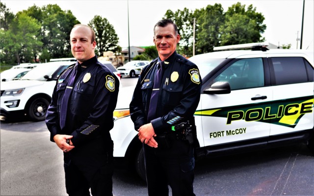 Police Chief Brian Bomstein and Deputy Police Chief Brian Lord, both with the Fort McCoy Directorate of Emergency Services Police Department, are shown Sept. 2, 2021, at Fort McCoy, Wis. Both were part of the installation’s immediate response to...