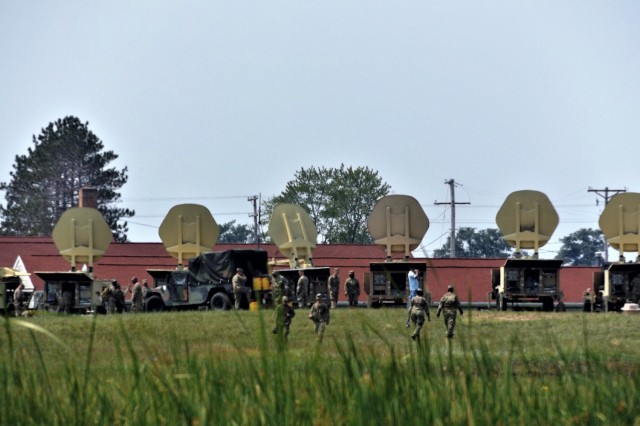 Army Signal Corps troops have an area of Fort McCoy, Wis., set up Aug. 4, 2021, to support communications for the 78th Training Division Combat Support Training Exercise 78-21-04 and for exercise Grecian Firebolt 2021. Soldiers with the 335th...