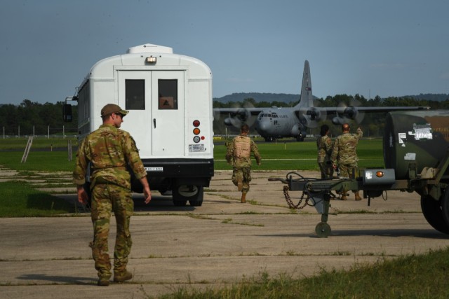 A U.S. Air Force C-130H Hercules aircraft from the 934th Airlift Wing, Minneapolis, Minnesota arrives at Fort McCoy Army Airfield for aeromedical evacuation training during exercise Patriot Warrior at Fort McCoy, Wisconsin, Aug. 13, 2021. Patriot...