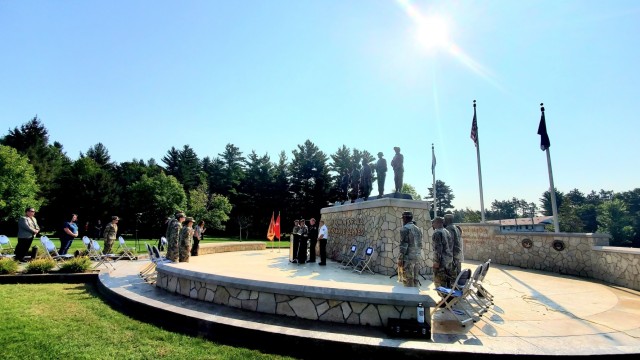 Members of the Fort McCoy community participate in a Patriot Day ceremony and a 20th anniversary remembrance of the Sept. 11, 2001, terrorist attacks on America on Sept. 10, 2021, at Veterans Memorial Plaza at the Commemorative Area at Fort McCoy,...