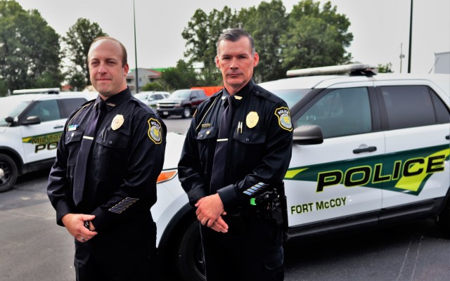 Police Chief Brian Bomstein and Deputy Police Chief Brian Lord, both with the Fort McCoy Directorate of Emergency Services Police Department, are shown Sept. 2, 2021, at Fort McCoy, Wis. Both were part of the installation’s immediate response to...