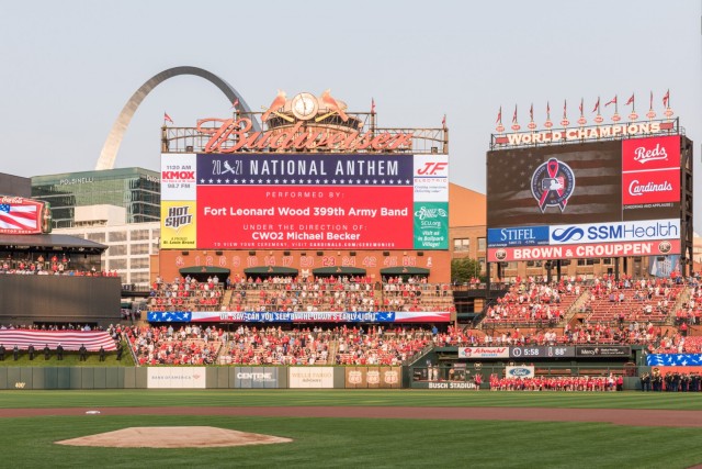 The 399th Army Band and a Fort Leonard Wood joint-service color guard participated in the pre-game ceremonies for the annual St. Louis Cardinals and AUSA Military Appreciation Game Saturday at Busch Stadium.