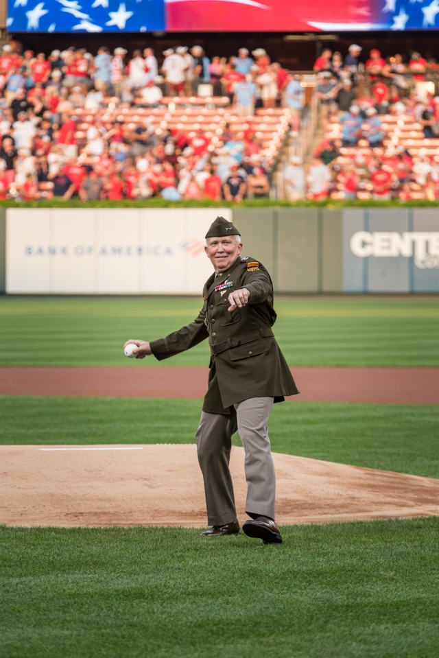 Maj. Gen. James Bonner, Maneuver Support Center of Excellence and Fort Leonard Wood commanding general, throws a ceremonial pitch Saturday during the pre-game ceremonies for the annual St. Louis Cardinals and AUSA Military Appreciation Game at Busch Stadium.