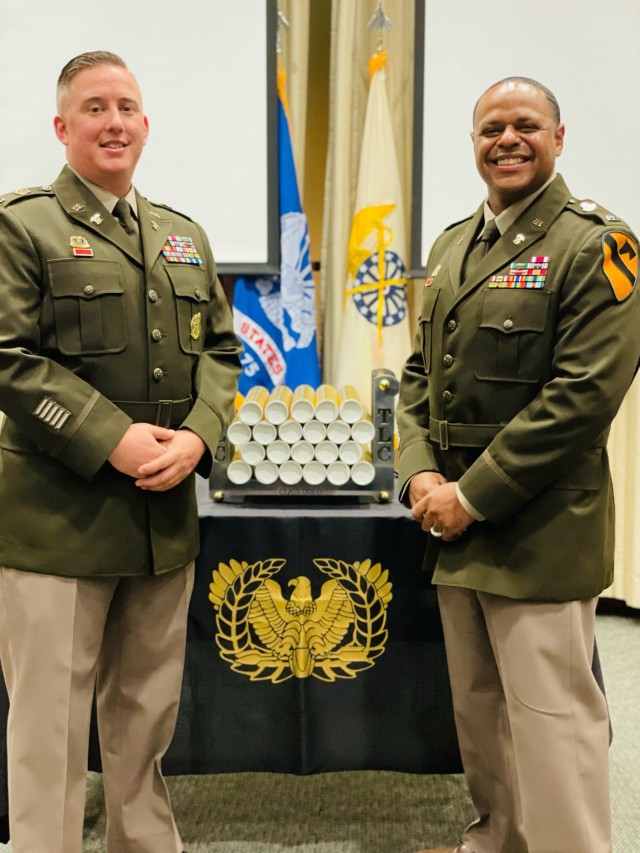 Chief Warrant Officer 2’s Nicholas Snyder, 69th Air Defense Artillery Brigade, and Lance Thomas, 3rd Armored Brigade Combat Team, 1st Cavalry Division pose for a photo at Fort Lee, VA, Sep. 1, 2021. Snider earned distinguished graduate during the course. (Courtesy photo)