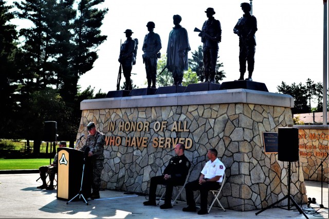 Fort McCoy Senior Commander, Maj. Gen. Darrell Guthrie, 88th Readiness Division commanding general, is shown providing some of his remarks Sept. 10, 2021, during the installation observance of Patriot Day 2021 and the 20th anniversary of the...