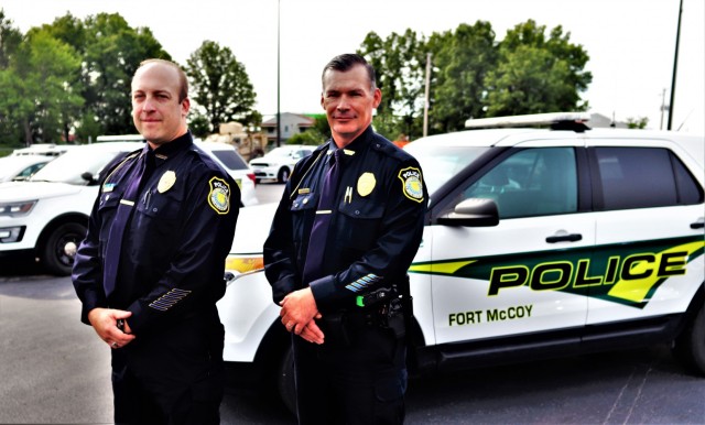 Police Chief Brian Bomstein and Deputy Police Chief Brian Lord, both with the Fort McCoy Directorate of Emergency Services Police Department, are shown Sept. 2, 2021, at Fort McCoy, Wis. Both were part of the installation’s immediate response to...