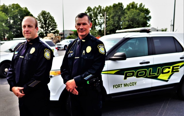 Police Chief Brian Bomstein and Deputy Police Chief Brian Lord, both with the Fort McCoy Directorate of Emergency Services Police Department, are shown Sept. 2, 2021, at Fort McCoy, Wis. Both were part of the installation’s immediate response to...