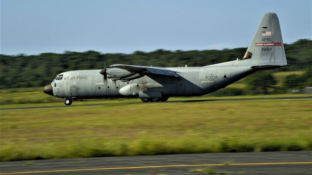 A U.S. Air Force C-130J Super Hercules aircraft assigned to the 815th Airlift Squadron with the 403rd Wing at Keesler Air Force Base, Miss., arrives at Fort McCoy, Wis., for aeromedical evacuation training during exercise Patriot Warrior '21 at...