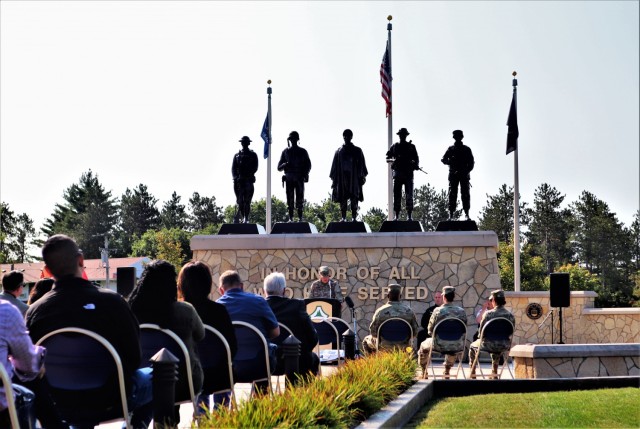 Fort McCoy Senior Commander, Maj. Gen. Darrell Guthrie, 88th Readiness Division commanding general, is shown providing some of his remarks Sept. 10, 2021, during the installation observance of Patriot Day 2021 and the 20th anniversary of the...