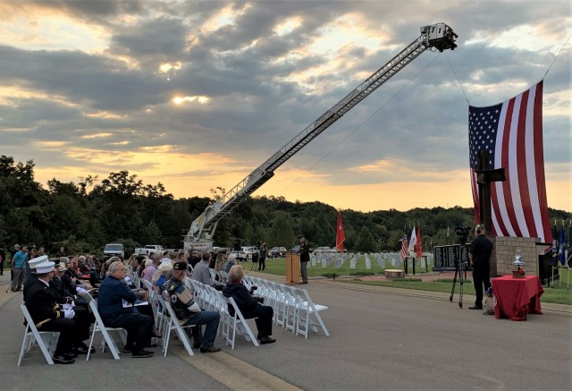 Commanding General of U.S. Army Cadet Command and Fort Knox Maj. Gen. Johnny Davis delivers the keynote speech to Soldiers, first responders, veterans and community members Sept. 11, 2021 during a 9/11 ceremony at the Kentucky Veterans Cemetery – Central in Radcliff, Kentucky.¬