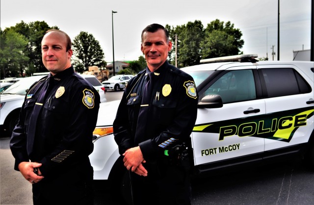 Police Chief Brian Bomstein and Deputy Police Chief Brian Lord, both with the Fort McCoy Directorate of Emergency Services Police Department, are shown Sept. 2, 2021, at Fort McCoy, Wis. Both were part of the installation’s immediate response to...