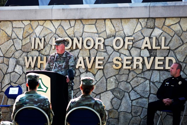 Fort McCoy Senior Commander, Maj. Gen. Darrell Guthrie, 88th Readiness Division commanding general, is shown providing some of his remarks Sept. 10, 2021, during the installation observance of Patriot Day 2021 and the 20th anniversary of the...