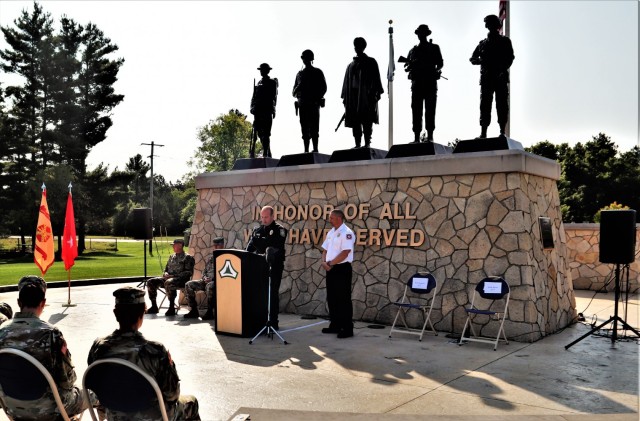 Members of the Fort McCoy community participate in a Patriot Day ceremony and a 20th anniversary remembrance of the Sept. 11, 2001, terrorist attacks on America on Sept. 10, 2021, at Veterans Memorial Plaza at the Commemorative Area at Fort McCoy,...