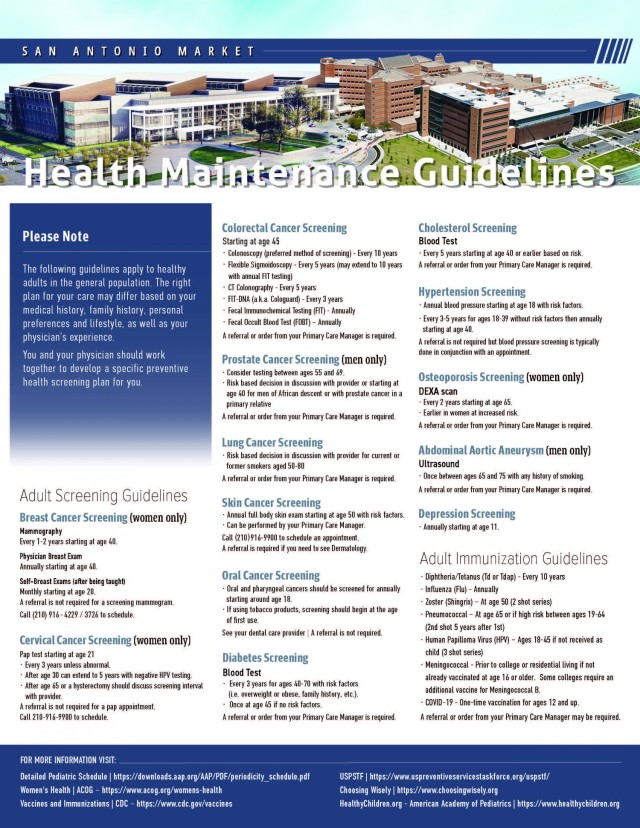 The San Antonio Market has developed a comprehensive tool to help military beneficiaries understand the current recommended health maintenance guidelines. The guidelines are displayed in an easy-to-read format with space for the patient to record their screening information details. To view and print the current health maintenance guidelines, visit https://bamc.tricare.mil/Portals/143/documents/Preventive Care/SA-Market-Health-Guidelines_Rev-07.pdf