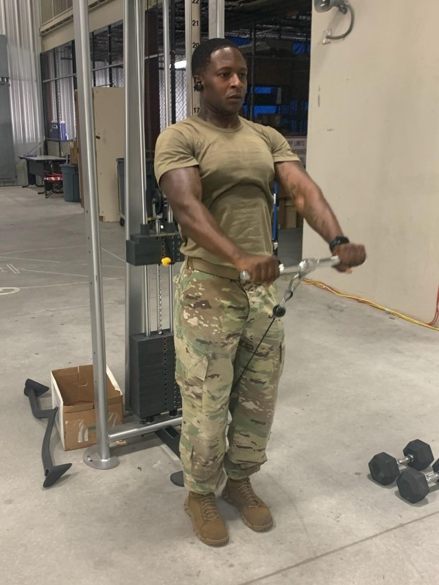 Staff Sgt. Thomas Rowe, an infantryman Observer, Coach/Trainer, (OC/T), with Headquarters and Headquarters Detachment, 188th Infantry Brigade, First Army Division East, conducts an intense arm workout in preparation for the upcoming Expert Infantry Badge competition. 

Rowe, who didn't complete the EIB in September due to being a heat casualty during the final event, will participate in the upcoming October competition.