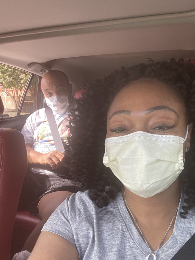 Dionne Harris drives her husband, Tim Harris, home after his discharge from Brooke Army Medical Center, Joint Base San Antonio-Fort Sam Houston, Texas, July 4, 2020.  (U.S. Army courtesy photo)