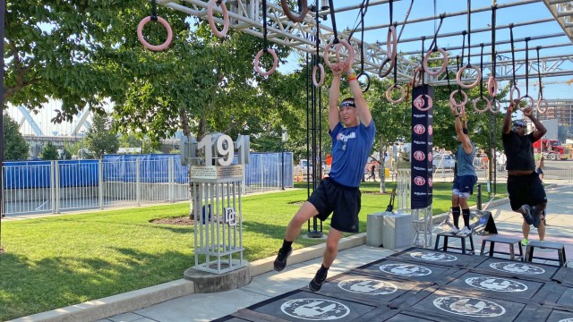 Soldiers of the Army Cyber Protection Brigade (CPB) take on an obstacle carrying the brigade's colors during a Spartan 5K race at Nationals Park in Washington, D.C., Sept. 11, 2021. The participants from the CPB's headquarters and Company C, 2nd...