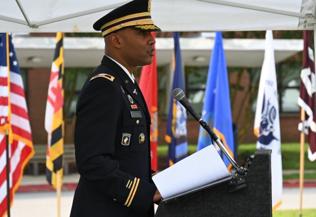 Col. Tracy Michael, commander Kimbrough Ambulatory Care Center, U.S. Army Medical Department Activity Fort George G. Meade, provides opening remarks during a ceremony celebrating Kimbrough Ambulatory Care Center’s 60th anniversary at the facility’s main entrance, Sept. 14, 2021. The ceremony, themed “An Enduring Legacy of Quality Care and Service” highlighted Kimbrough’s ability to provide day-to-day care to beneficiaries while maintaining operational readiness to service members and joint interagency partners. (U.S. Army photo by Chuck Yang)