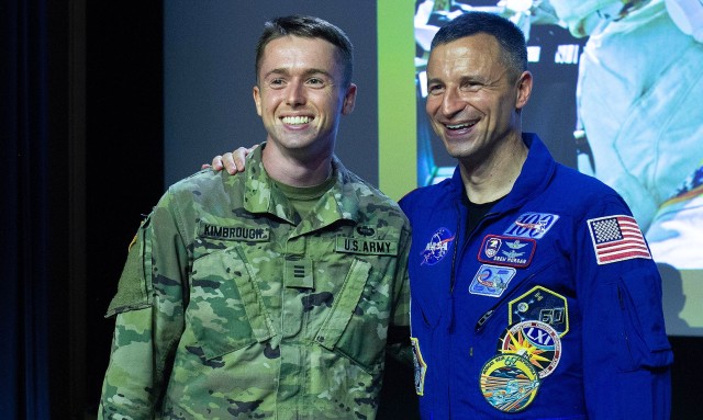 Class of 2022 Cadet Zachary Kimbrough (left) and U.S. Military Academy Class of 1998 graduate and National Aeronautics and Space Administration Astronaut Andrew Morgan (right) pose for a photo Sept. 8 at Robinson Auditorium.