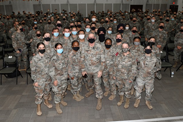 Lt. Gen. Theodore Martin, Commander U.S. Army Combined Arms Center, or CAC, visited U.S. Army Medical Center of Excellence, or MEDCoE, Joint Base San Antonio-Fort Sam Houston, September 8-10. Pictured as Martin posed for dozens of group photos and selfies with MEDCoE Basic Officer Leader Course students, at their request, after a Leader Professional Development session, 9 September, in Blesse Auditorium. 