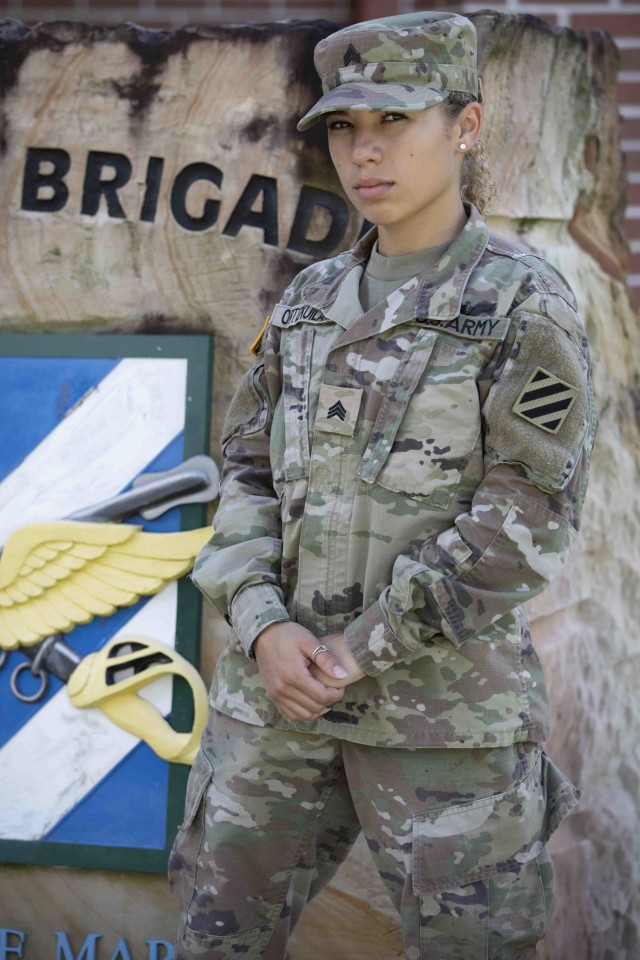 U.S. Army Sgt. Stacy Ortiz Kuilan, an aviation operations noncommissioned officer assigned to Headquarters and Headquarters Company, 3rd Combat Aviation Brigade, 3rd Infantry Division, is a Dorado, Puerto Rico, native who joined the Army to continue her education. Ortiz Kuilan served in 1st Squadron, 6th Cavalry Regiment, 1st CAB, 1st Infantry Division, on Fort Riley, Kansas, for two years and deployed with that unit to Powidz, Poland. She knew from a young age that she wanted to join the Army, and she looked up to her uncle who served. After graduating high school, she began to doubt herself.  “I stopped underestimating myself and took the first step in joining. I use this mindset to get me through certain tasks given to me and encourage other service members to do the same.”