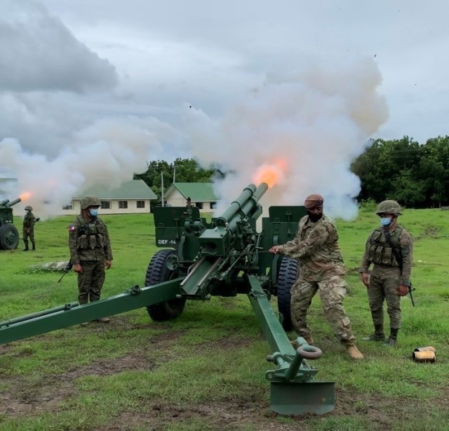 Staff Sgt. Julius Shannon, Field Artillery Advisor Team 5412, fires a ceremonial wax round on a M101 105mm Howitzer during the bilateral exercise, Salaknib ’21, July 22, 2021 at Fort Magsaysay, Philippines.