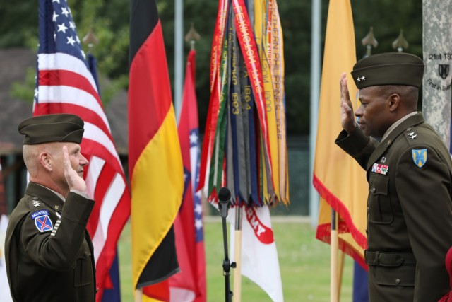 Maj. Gen. James Smith, commanding general, 21st Theater Sustainment Command gives his promotion speech at the podium on Panzer Field Sept. 16 at Panzer Kaserne. Smith is promoted to the rank of Major General during a ceremony presided by United...