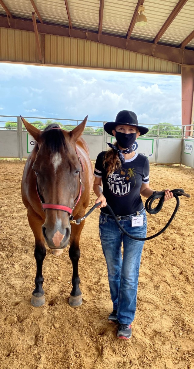 Maj. Eva I. Owen, a Soldier assigned to the Fort Hood Soldier Recovery Unit, Texas, took part in a therapeutic horseback riding program on June 28 at a facility located in McGregor, Texas. (Photo courtesy of Maj. Eva I. Owen)