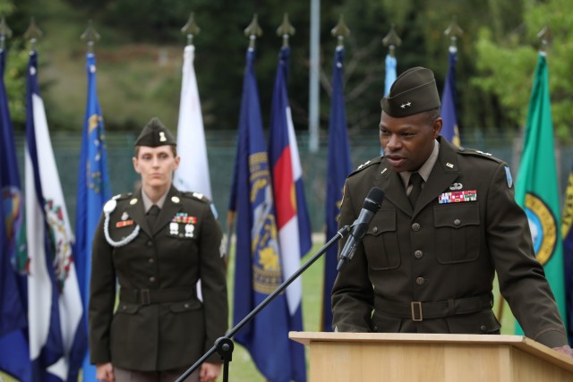 Maj. Gen. James Smith, commanding general, 21st Theater Sustainment Command gives his promotion speech at the podium on Panzer Field Sept. 16 at Panzer Kaserne. Smith is promoted to the rank of Major General during a ceremony presided by United...