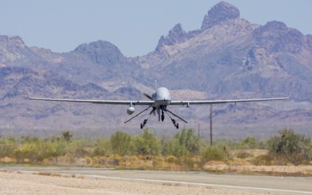 An Extended Range/Multipurpose Unmanned Aircraft System returns from functional testing during Project Convergence 20 at Yuma Proving Ground, Arizona, September 15, 2020. 