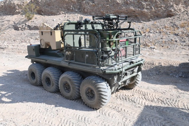 Project Origin, a technology demonstrator for the Small Multipurpose Equipment Transport vehicle and the Robotic Combat Vehicle was used at Project Convergence 20. New technology is quickly integrated onto the demonstrator during experimentations where Soldiers provide feedback to inform Soldier Centered design. 