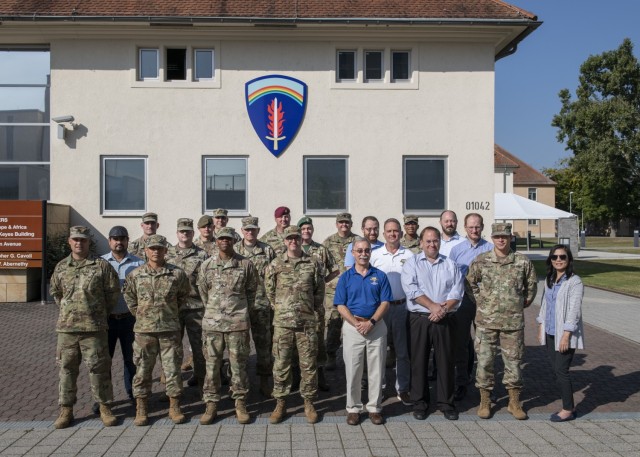 Students come together for a class photograph during the Basic Analytic Wargaming Course taught by the Naval Postgraduate School Wargaming Mobile Education Team in Wiesbaden, Germany, Aug. 30 - Sept. 10, 2021. The course is five days long (40 contact hours) and built around hands-on practical exercises coordinated with the sponsoring organization. 