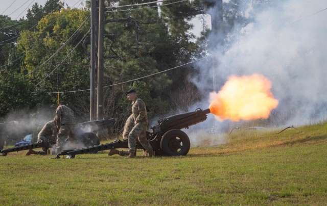 A member of Fort Jackson’s salute battery fires a volley during a 21-gun salute during a wreath laying ceremony at the Centennial Park on Sept. 10, 2021.