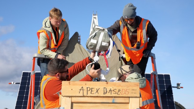 An engineering and electronics team from Raven Aerostar prepares to launch a high altitude balloon into the stratosphere as a part of the Thunder Cloud live-fire exercise in Andoya, Norway, Sept. 15, 2021. High altitude balloons are filled with helium, tethered to solar panels, and released into the stratosphere where they collect targeting coordinates and information to relay to fire capabilities within other domains to deliver lethality. 