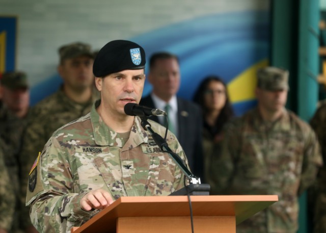 U.S. Army Col. Michael Hanson, co-director of Rapid Trident 21 from the U.S. Army, speaks to a multinational force during the opening ceremony for Rapid Trident 21, an annual Ukrainian-American training exercise, Sept. 20, at Central City Stadium, near Yavoriv, Ukraine. “One of the key foundations of the [Ukrainian] President&#39;s National Security Strategy is the principle of building partnerships and interoperability with Euro-Atlantic institutions, NATO member states and other aligned nations and partners to deter aggression against the sovereign rights of Ukraine,” Hanson said. 