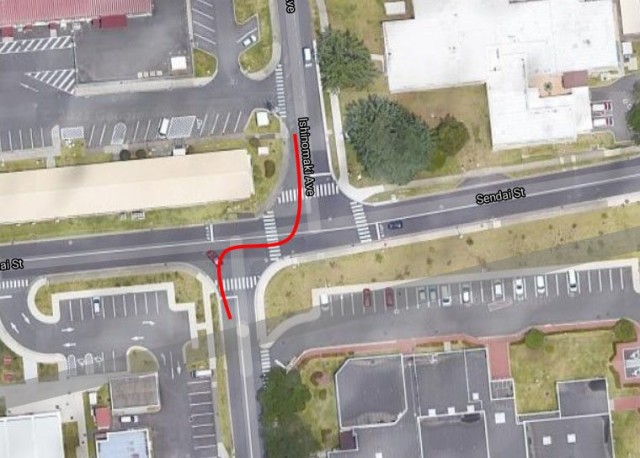 Google Earth Overhead view: Remodeling is scheduled to begin this month on the intersection on Camp Zama at Sendai Street and Ishinomaki Avenue. The 10-month, four-phase construction process is scheduled to begin this month and conclude in July...
