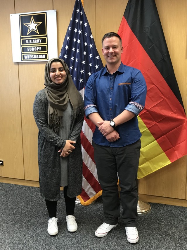 WIESBADEN, Germany - Host Nation employees Maleeha Shah (left) and Pierre Fuchs are the first two apprentices in the U.S. Army Garrison Wiesbaden Apprenticeship Program.