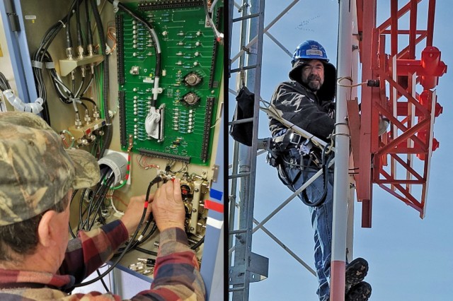 Federal Aviation Administration Instrument Landing System instructor Joe Martinek connects cabling to an ILS antenna (left image) and Art Chase is measuring antenna signal strength while training and performing maintenance on the ILS as part of FAA ILS training at U.S. Army Garrison Alaska’s Fort Greely from July 14 to Aug. 24, 2021. (Photo by Brian Fraiser)